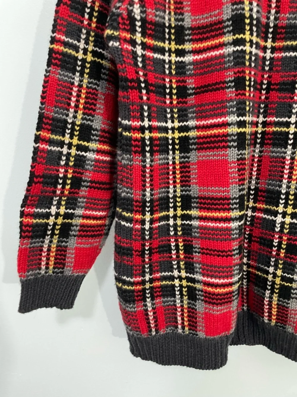 Vintage Wool Red Plaid Button-Up Cardigan with charcoal Trim M